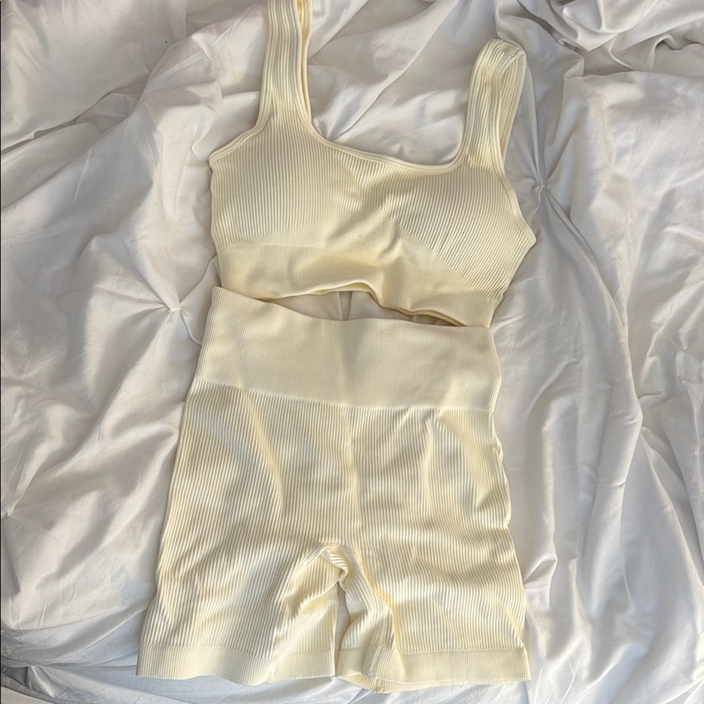 Cream Set with Soft Stretchy Material and High-Waisted Design